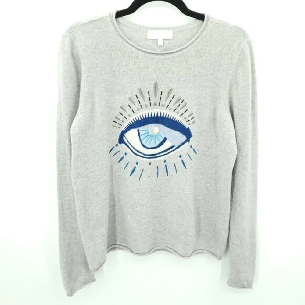 Lisa Todd 100% Cashmere Embroidered Evil Eye Rolled Hem Sweater M Gray/Blue
